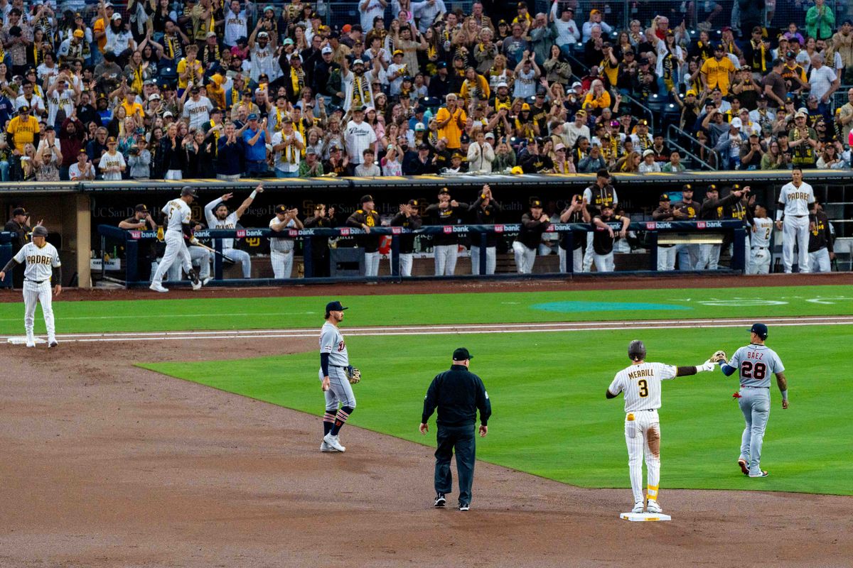 San Diego Padres outfielder Jackson Merrill (3) celebrates a double during an MLB game between the Detroit Tigers and the San Diego Padres, Friday March 27, 2026 at Petco Park in San Diego, Calif. San Diego Padres outfielder Jackson Merrill (3) celebrates a double during an MLB game between the Detroit Tigers and the San Diego Padres, Friday March 27, 2026 at Petco Park in San Diego, Calif.