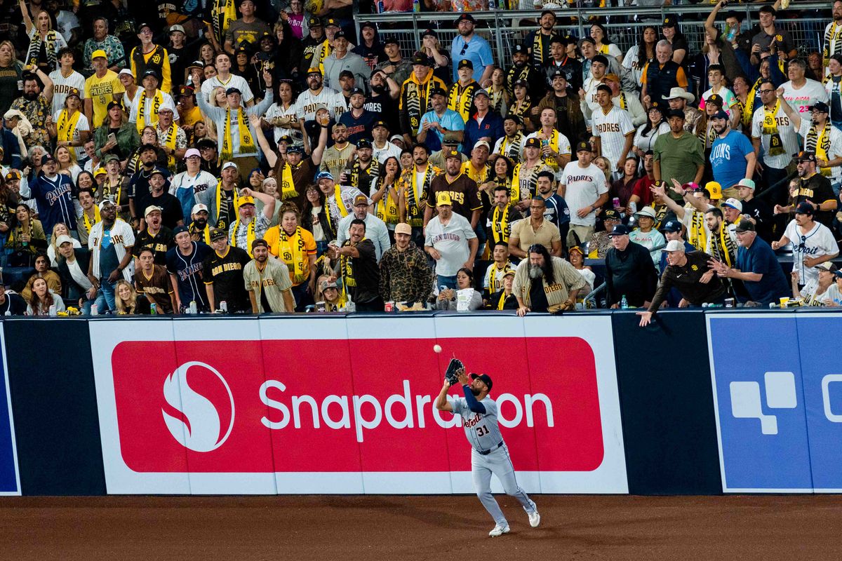 Detroit Tigers outfielder Riley Greene (31) catches a fly ball during an MLB game between the Detroit Tigers and the San Diego Padres, Friday March 27, 2026 at Petco Park in San Diego, Calif. Detroit Tigers outfielder Riley Greene (31) catches a fly ball during an MLB game between the Detroit Tigers and the San Diego Padres, Friday March 27, 2026 at Petco Park in San Diego, Calif.