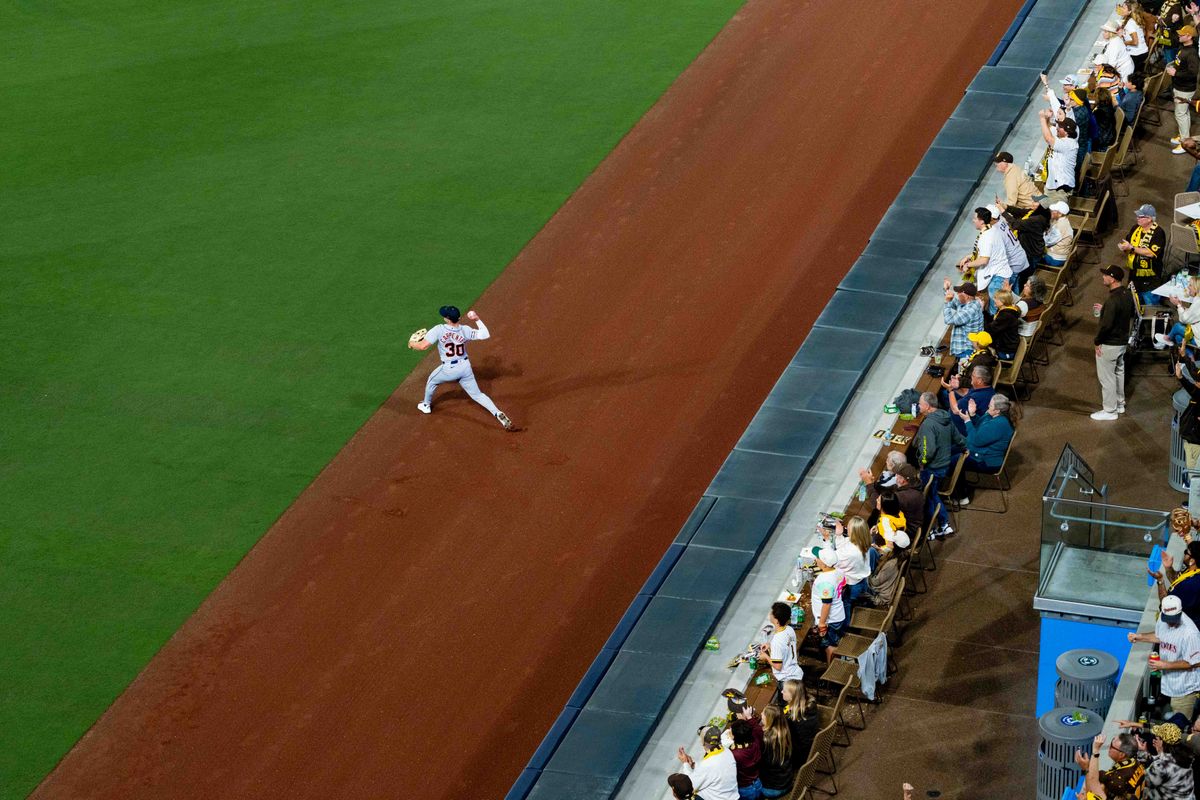 San Diego Padres outfielder Gavin Sheets (30) throws the ball in after a Padres double during an MLB game between the Detroit Tigers and the San Diego Padres, Friday March 27, 2026 at Petco Park in San Diego, Calif. San Diego Padres outfielder Gavin Sheets (30) throws the ball in after a Padres double during an MLB game between the Detroit Tigers and the San Diego Padres, Friday March 27, 2026 at Petco Park in San Diego, Calif.