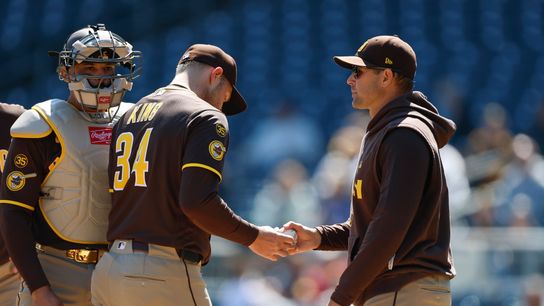 Manager Craig Stammen removes Michael King #34 from the game against the Pirates at PNC Park on April 8, 2025 in Pittsburgh. Manager Craig Stammen removes Michael King #34 from the game against the Pirates at PNC Park on April 8, 2025 in Pittsburgh.