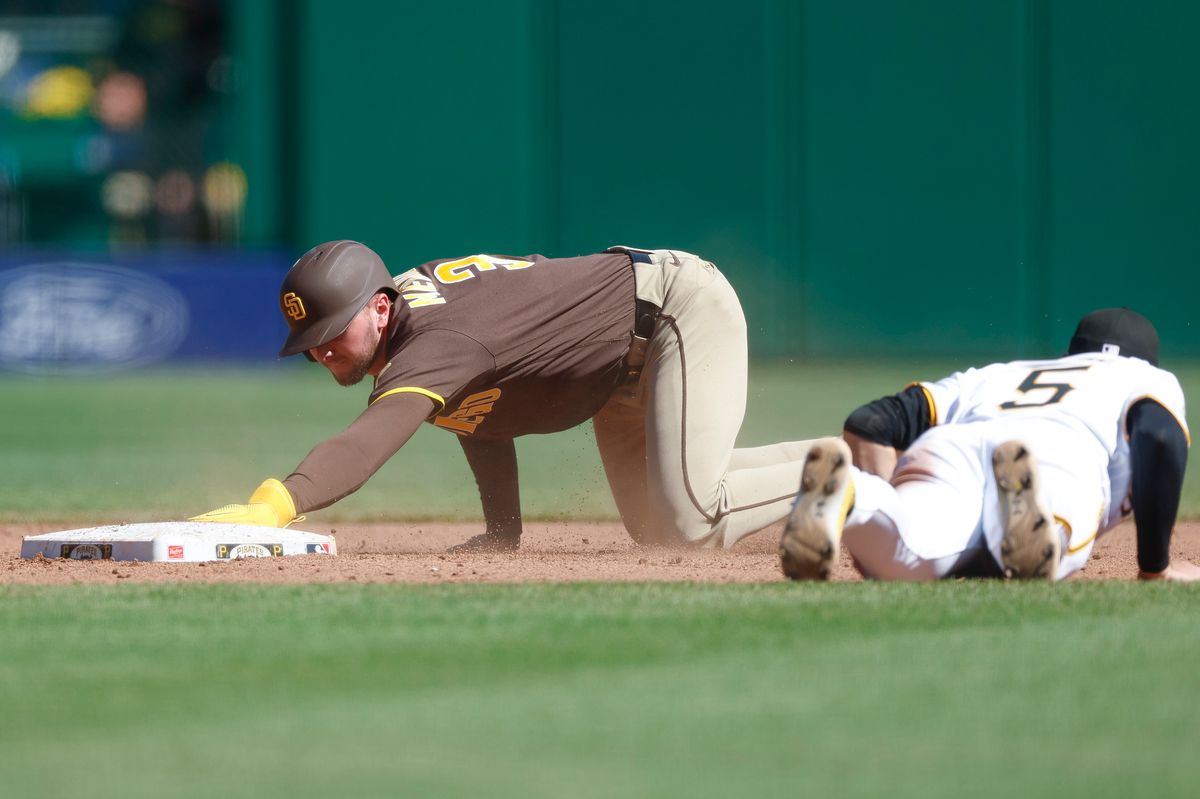 Jackson Merrill #3 slides safely into second base against the Pirates at PNC Park on April 8, 2025 in Pittsburgh. Jackson Merrill #3 slides safely into second base against the Pirates at PNC Park on April 8, 2025 in Pittsburgh.