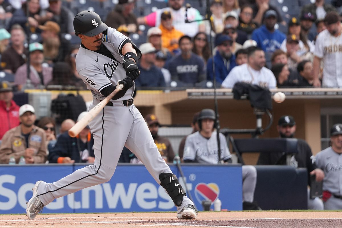 White Sox third baseman Miguel Vargas (20) swings and misses the ball during an MLB baseball game against the White Sox, Saturday May 02, 2026 in San Diego, California. White Sox third baseman Miguel Vargas (20) swings and misses the ball during an MLB baseball game against the White Sox, Saturday May 02, 2026 in San Diego, California.