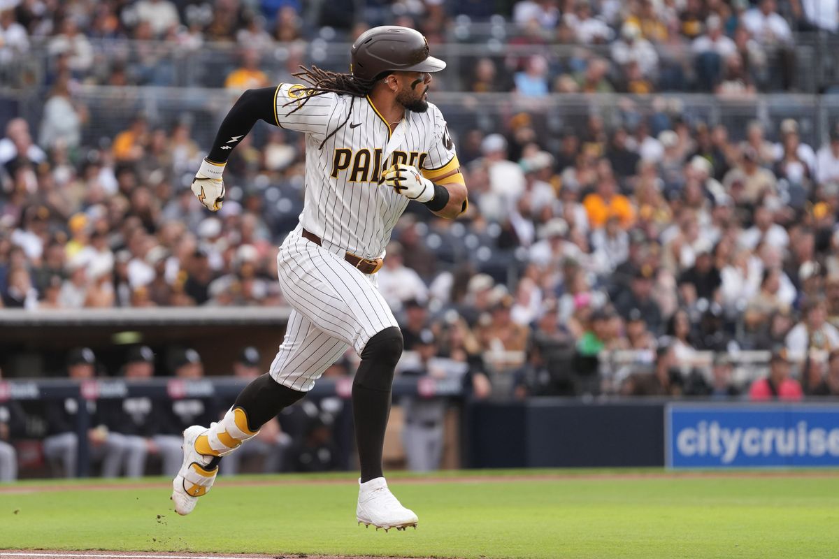 Padres right fielder Fernando Tatis Jr. (23) runs to first base during an MLB baseball game against the White Sox, Saturday May 02, 2026 in San Diego, California. Padres right fielder Fernando Tatis Jr. (23) runs to first base during an MLB baseball game against the White Sox, Saturday May 02, 2026 in San Diego, California.
