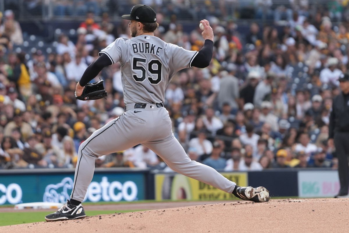 White Sox starting pitcher Sean Burke (59) pitches the ball during an MLB baseball game against the Padres, Saturday May 02, 2026 in San Diego, California. White Sox starting pitcher Sean Burke (59) pitches the ball during an MLB baseball game against the Padres, Saturday May 02, 2026 in San Diego, California.