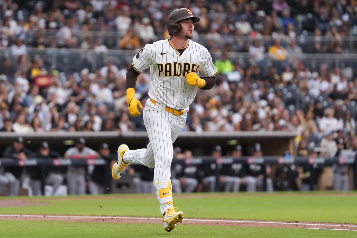 Padres center fielder Jackson Merrill (3) runs to first base during an MLB baseball game against the White Sox, Saturday May 02, 2026 in San Diego, California. Padres center fielder Jackson Merrill (3) runs to first base during an MLB baseball game against the White Sox, Saturday May 02, 2026 in San Diego, California.