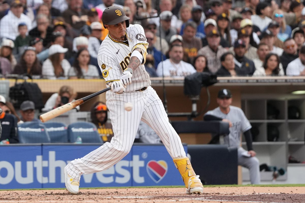 Padres third baseman Manny Machado (13) swings the bat during an MLB baseball game against the White Sox, Saturday May 02, 2026 in San Diego, California. Padres third baseman Manny Machado (13) swings the bat during an MLB baseball game against the White Sox, Saturday May 02, 2026 in San Diego, California.