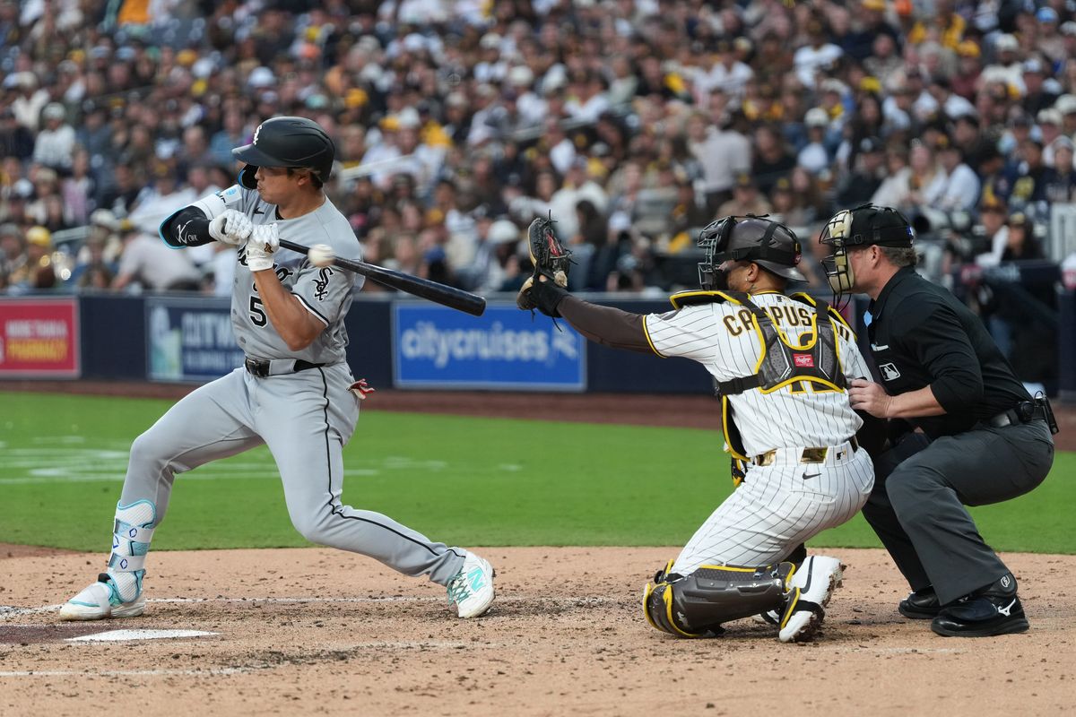 White Sox first baseman Munetaka Murakami (5) lets the pitch go by during an MLB baseball game against the Padres, Saturday May 02, 2026 in San Diego, California. White Sox first baseman Munetaka Murakami (5) lets the pitch go by during an MLB baseball game against the Padres, Saturday May 02, 2026 in San Diego, California.
