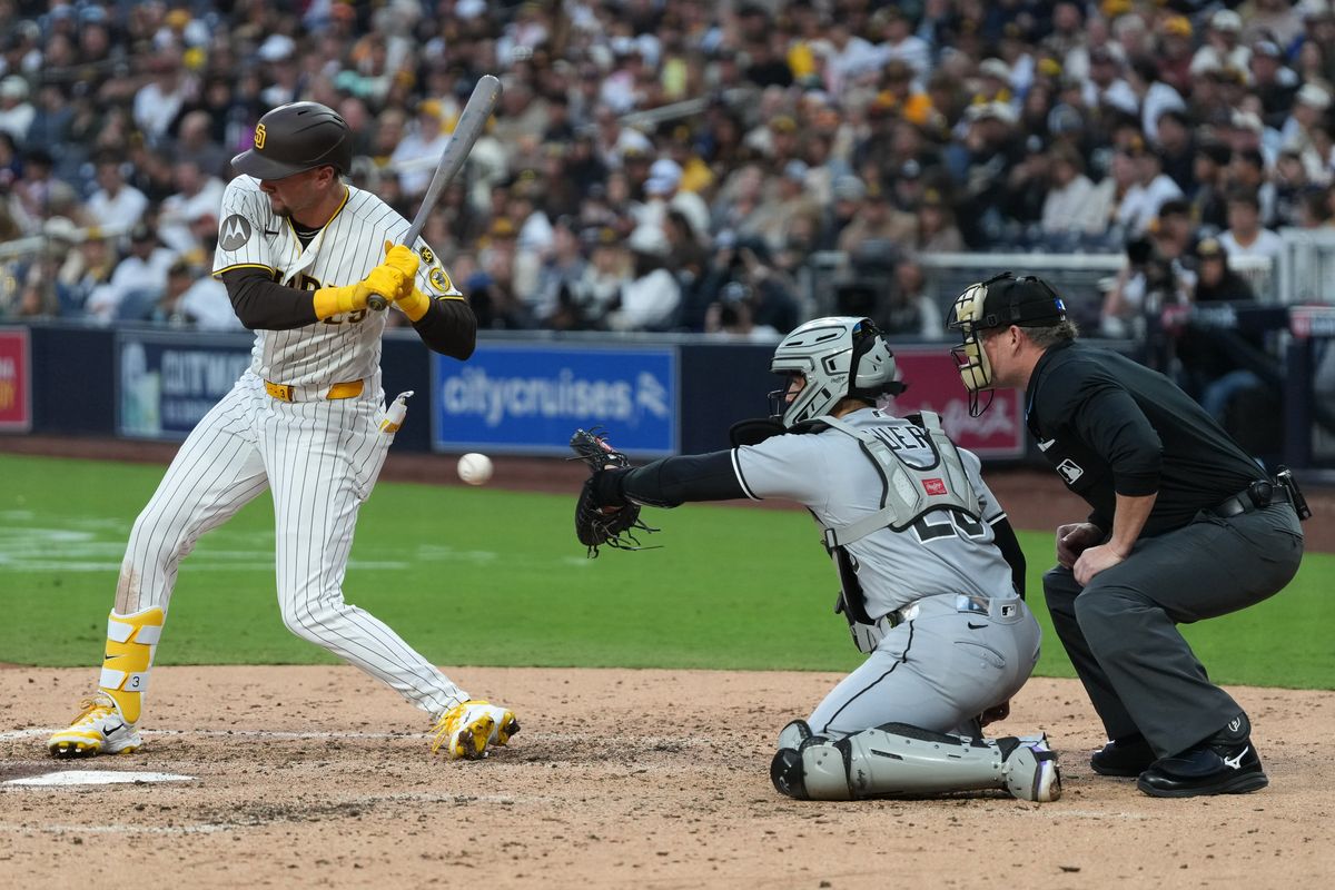 Padres center fielder Jackson Merrill (3) lets the pitch go by during an MLB baseball game against the White Sox, Saturday May 02, 2026 in San Diego, California. Padres center fielder Jackson Merrill (3) lets the pitch go by during an MLB baseball game against the White Sox, Saturday May 02, 2026 in San Diego, California.