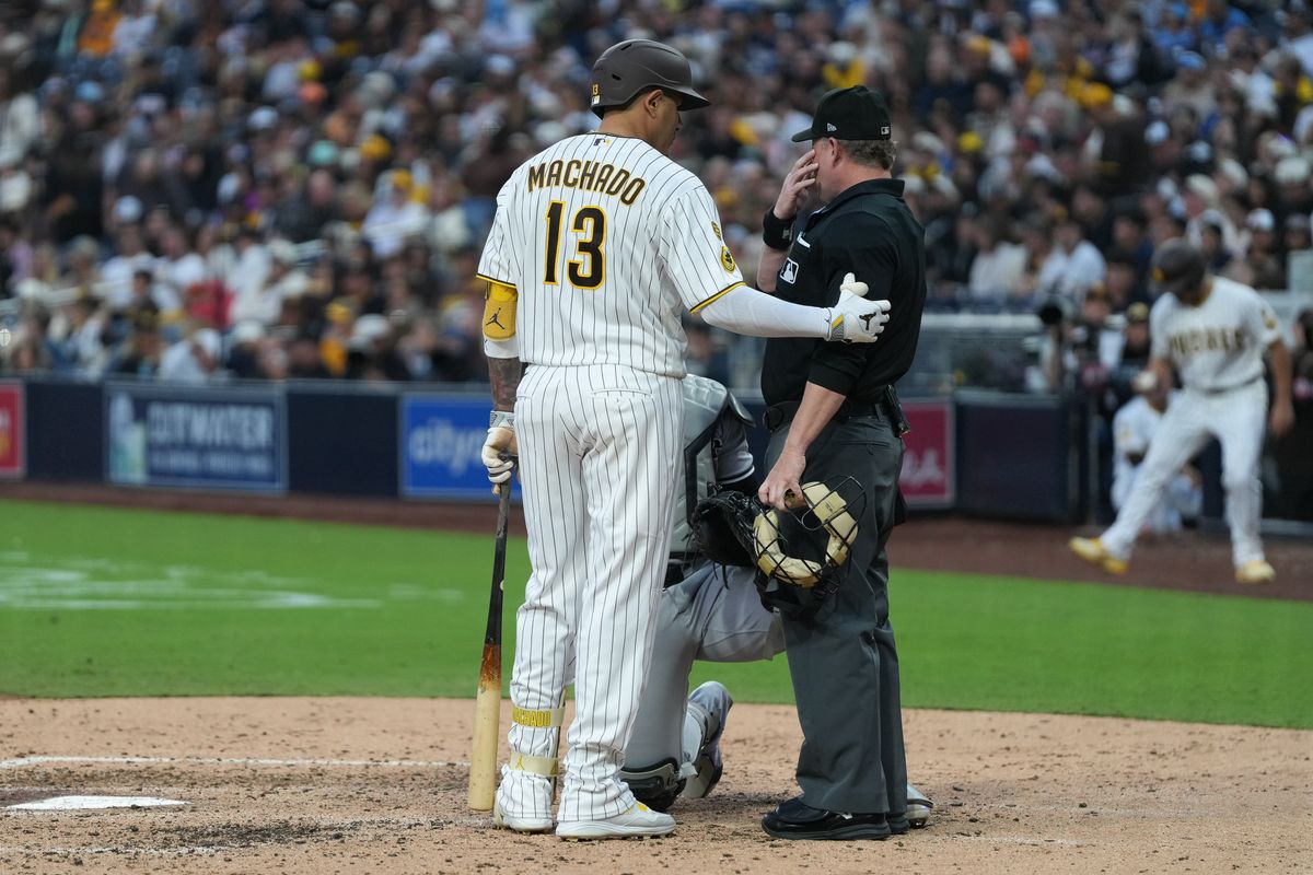 Padres third baseman Manny Machado (13) speaks to the umpire during an MLB baseball game against the White Sox, Saturday May 02, 2026 in San Diego, California. Padres third baseman Manny Machado (13) speaks to the umpire during an MLB baseball game against the White Sox, Saturday May 02, 2026 in San Diego, California.