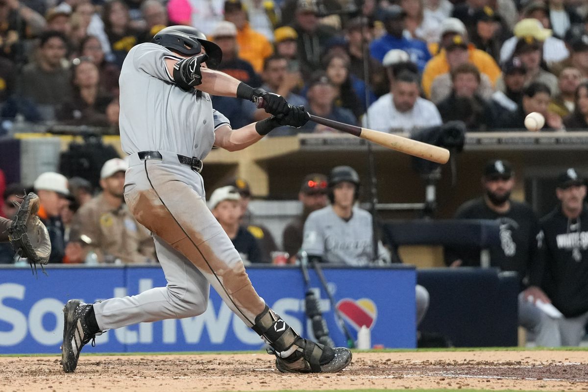 White Sox left fielder Sam Antonacci (17) hits the ball during an MLB baseball game against the Padres, Saturday May 02, 2026 in San Diego, California. White Sox left fielder Sam Antonacci (17) hits the ball during an MLB baseball game against the Padres, Saturday May 02, 2026 in San Diego, California.
