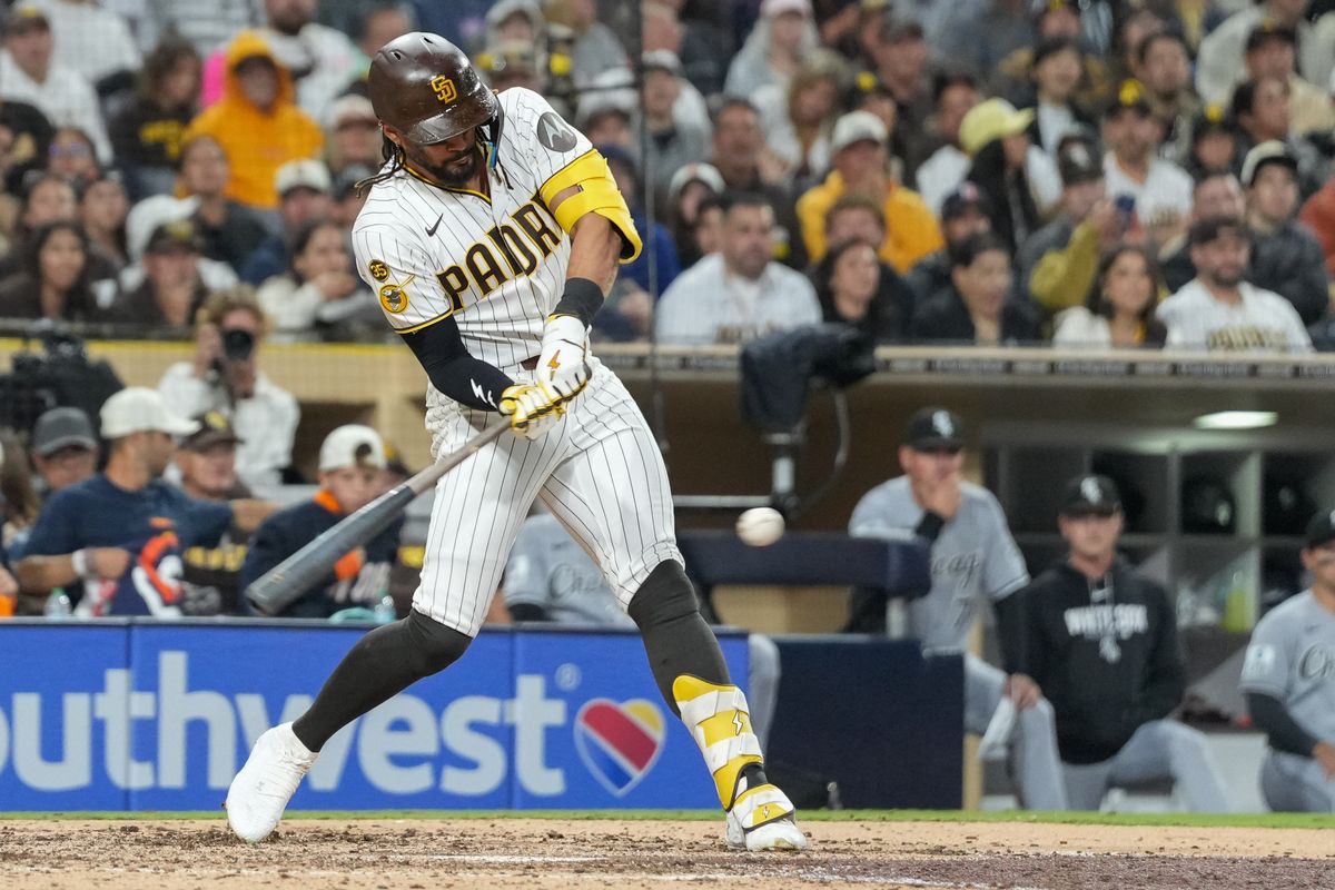 Padres right fielder Fernando Tatis Jr. (23) swings the bat during an MLB baseball game against the White Sox, Saturday May 02, 2026 in San Diego, California. Padres right fielder Fernando Tatis Jr. (23) swings the bat during an MLB baseball game against the White Sox, Saturday May 02, 2026 in San Diego, California.