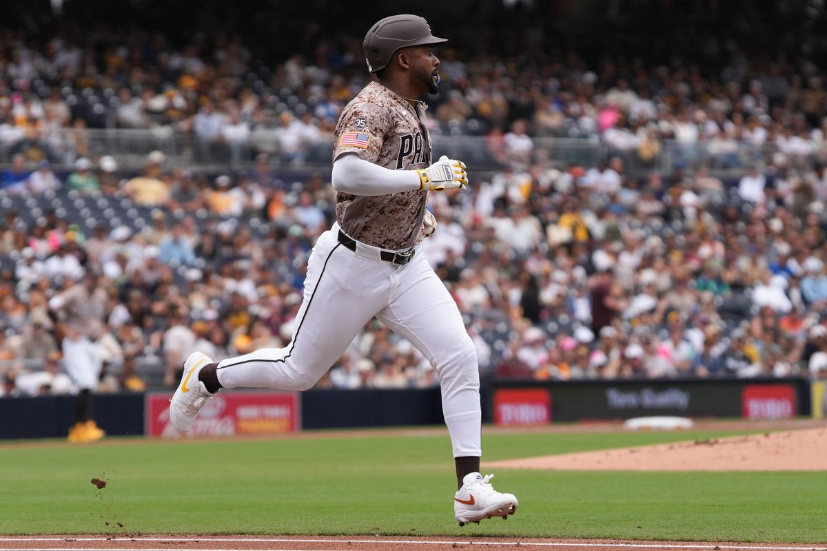 Padres third baseman Miguel Andujar (41) runs to first base during an MLB baseball game against the White Sox, Sunday May 03, 2026 in San Diego, California. Padres third baseman Miguel Andujar (41) runs to first base during an MLB baseball game against the White Sox, Sunday May 03, 2026 in San Diego, California.