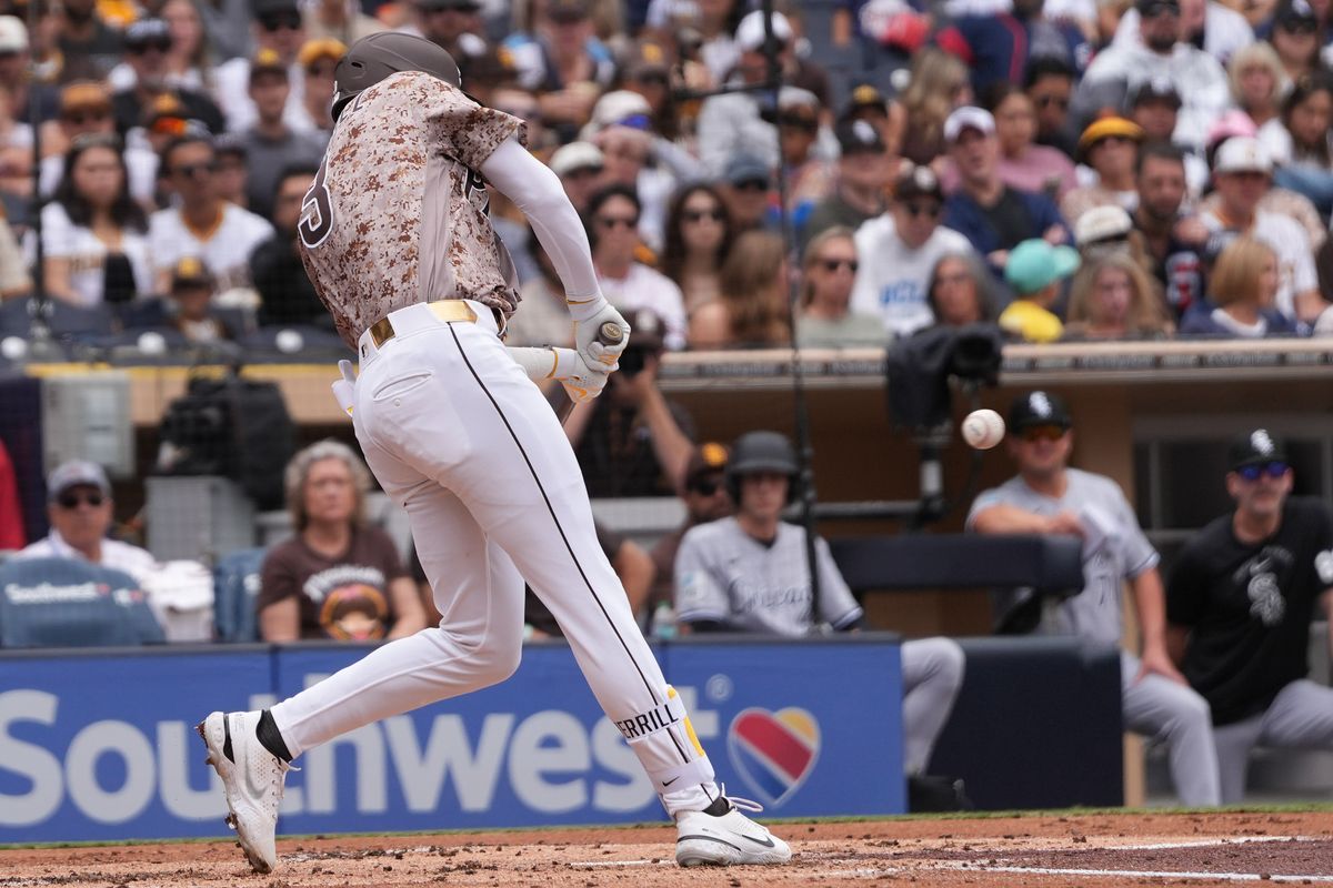 Padres center fielder Jackson Merrill (3) swings and misses the ball during an MLB baseball game against the White Sox, Sunday May 03, 2026 in San Diego, California. Padres center fielder Jackson Merrill (3) swings and misses the ball during an MLB baseball game against the White Sox, Sunday May 03, 2026 in San Diego, California.