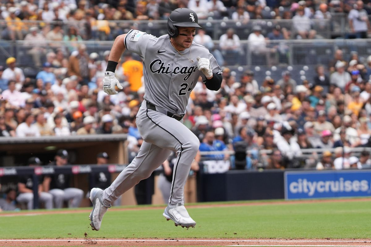 White Sox right fielder Jarred Kelenic (24) runs to first base during an MLB baseball game against the Padres, Sunday May 03, 2026 in San Diego, California. White Sox right fielder Jarred Kelenic (24) runs to first base during an MLB baseball game against the Padres, Sunday May 03, 2026 in San Diego, California.