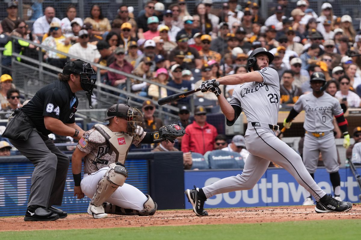 White Sox center fielder Tristan Peters (29) hits the ball during an MLB baseball game against the Padres, Sunday May 03, 2026 in San Diego, California. White Sox center fielder Tristan Peters (29) hits the ball during an MLB baseball game against the Padres, Sunday May 03, 2026 in San Diego, California.