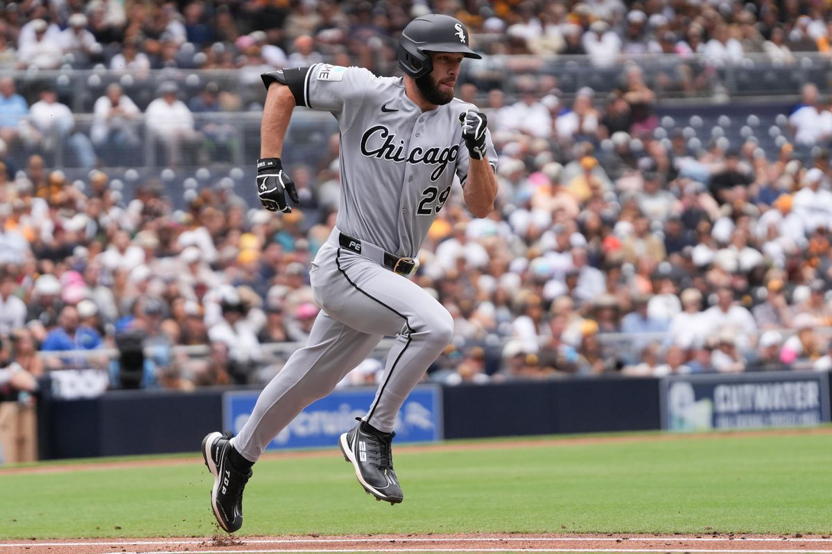 White Sox center fielder Tristan Peters (29) runs to first base during an MLB baseball game against the Padres, Sunday May 03, 2026 in San Diego, California. White Sox center fielder Tristan Peters (29) runs to first base during an MLB baseball game against the Padres, Sunday May 03, 2026 in San Diego, California.