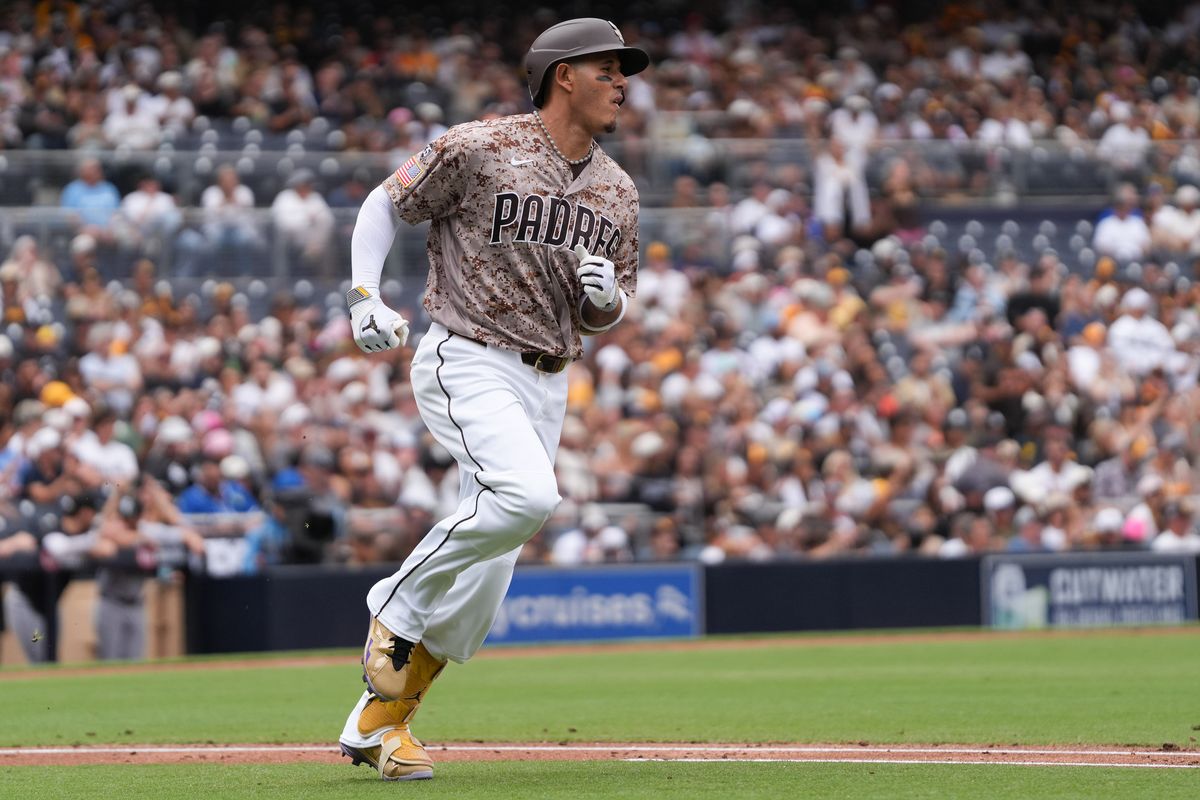 Padres third baseman Manny Machado (13) runs to first base during an MLB baseball game against the White Sox, Sunday May 03, 2026 in San Diego, California. Padres third baseman Manny Machado (13) runs to first base during an MLB baseball game against the White Sox, Sunday May 03, 2026 in San Diego, California.