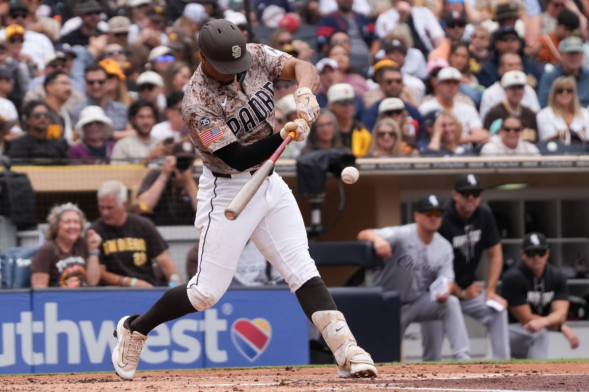Padres shortstop Xander Bogaerts (2) hits the ball during an MLB baseball game against the White Sox, Sunday May 03, 2026 in San Diego, California. Padres shortstop Xander Bogaerts (2) hits the ball during an MLB baseball game against the White Sox, Sunday May 03, 2026 in San Diego, California.