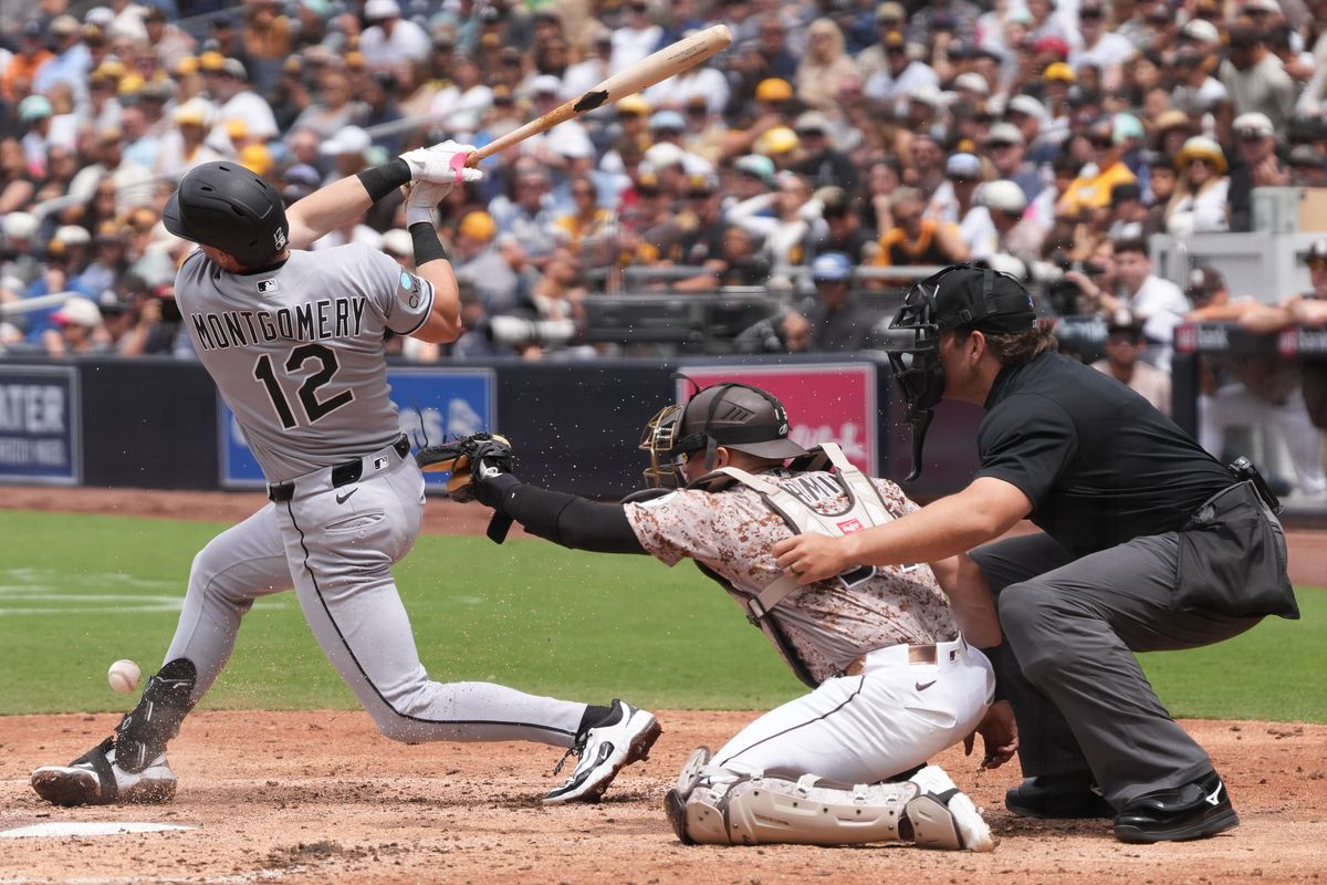 White Sox shortstop Colson Montgomery (12) hits a foul ball during an MLB baseball game against the Padres, Sunday May 03, 2026 in San Diego, California. White Sox shortstop Colson Montgomery (12) hits a foul ball during an MLB baseball game against the Padres, Sunday May 03, 2026 in San Diego, California.