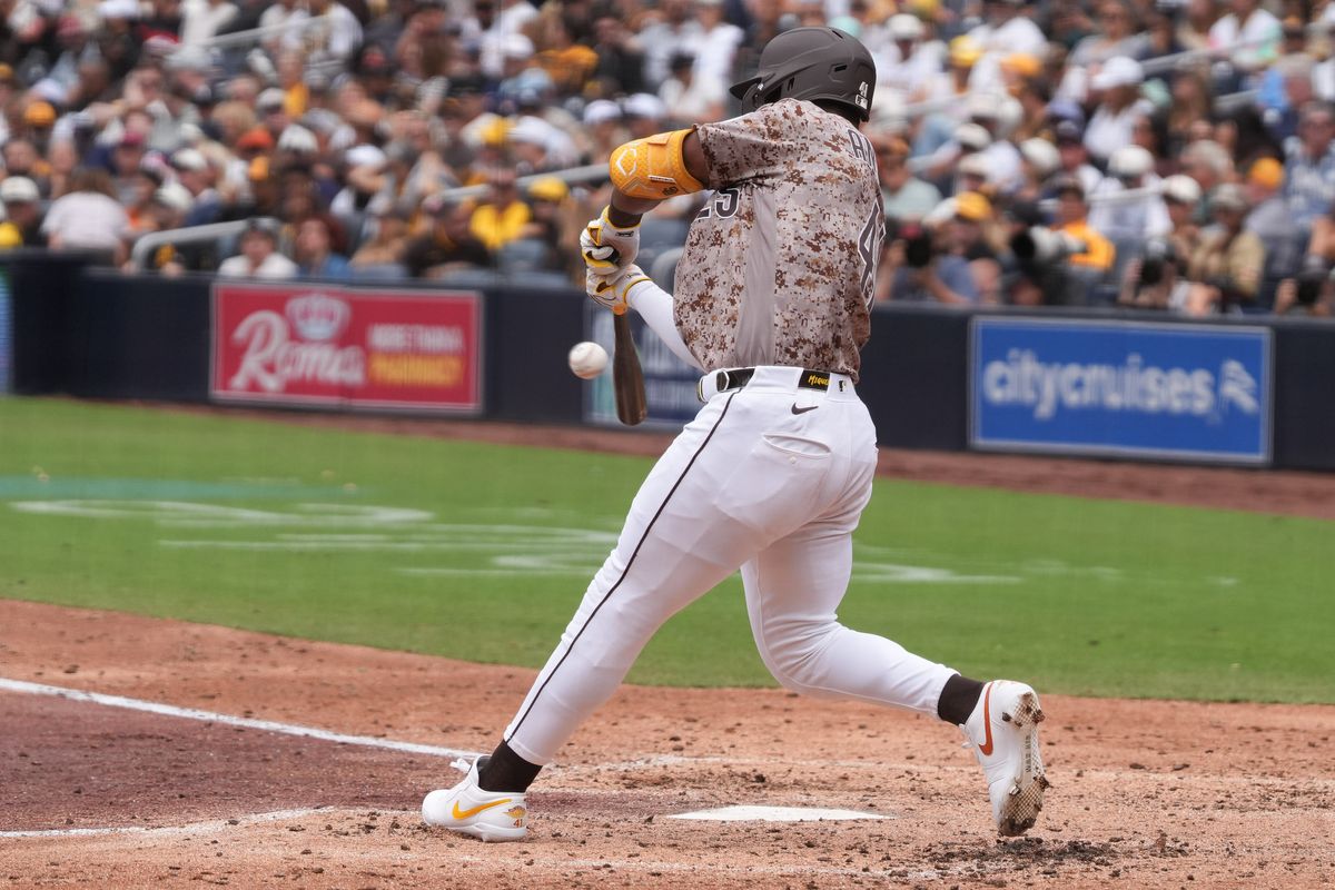 Padres third baseman Miguel Andujar (41) hits a home run during an MLB baseball game against the White Sox, Sunday May 03, 2026 in San Diego, California. Padres third baseman Miguel Andujar (41) hits a home run during an MLB baseball game against the White Sox, Sunday May 03, 2026 in San Diego, California.