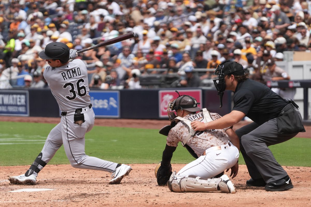 White Sox catcher Drew Romo (36) swings and misses the ball during an MLB baseball game against the Padres, Sunday May 03, 2026 in San Diego, California. White Sox catcher Drew Romo (36) swings and misses the ball during an MLB baseball game against the Padres, Sunday May 03, 2026 in San Diego, California.