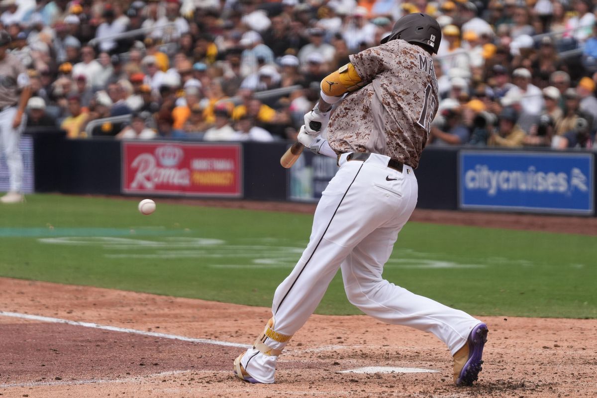 Padres third baseman Manny Machado (13) swings the bat during an MLB baseball game against the White Sox, Sunday May 03, 2026 in San Diego, California. Padres third baseman Manny Machado (13) swings the bat during an MLB baseball game against the White Sox, Sunday May 03, 2026 in San Diego, California.