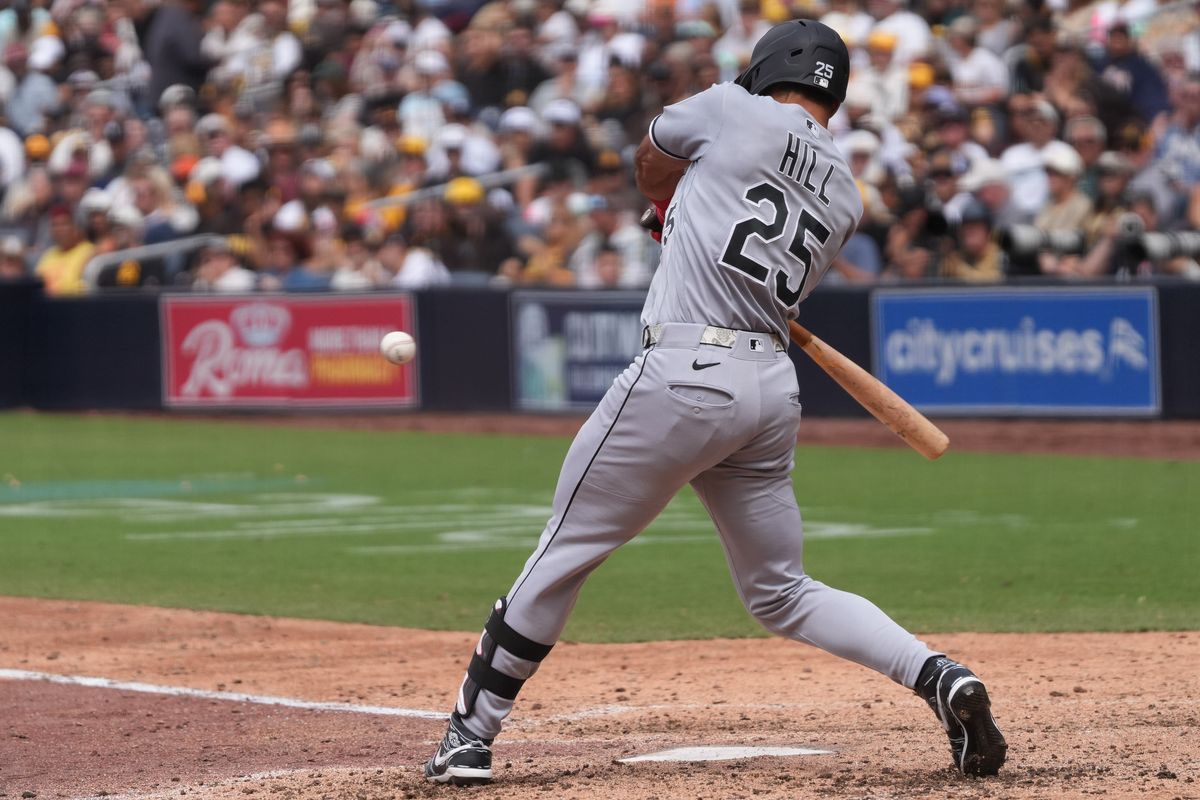 White Sox right fielder Derek Hill (25) hits a home run during an MLB baseball game against the Padres, Sunday May 03, 2026 in San Diego, California. White Sox right fielder Derek Hill (25) hits a home run during an MLB baseball game against the Padres, Sunday May 03, 2026 in San Diego, California.