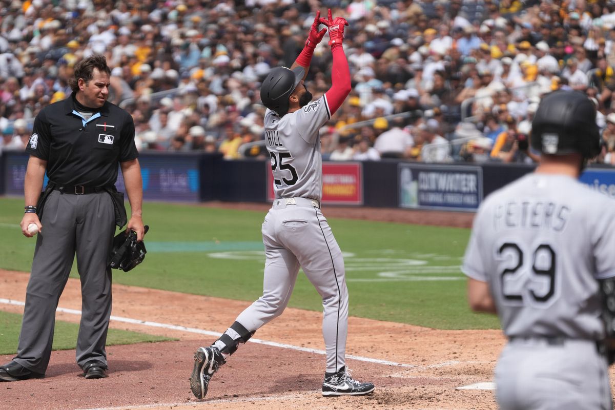 White Sox right fielder Derek Hill (25) celebrates after hitting a home run during an MLB baseball game against the Padres, Sunday May 03, 2026 in San Diego, California. White Sox right fielder Derek Hill (25) celebrates after hitting a home run during an MLB baseball game against the Padres, Sunday May 03, 2026 in San Diego, California.