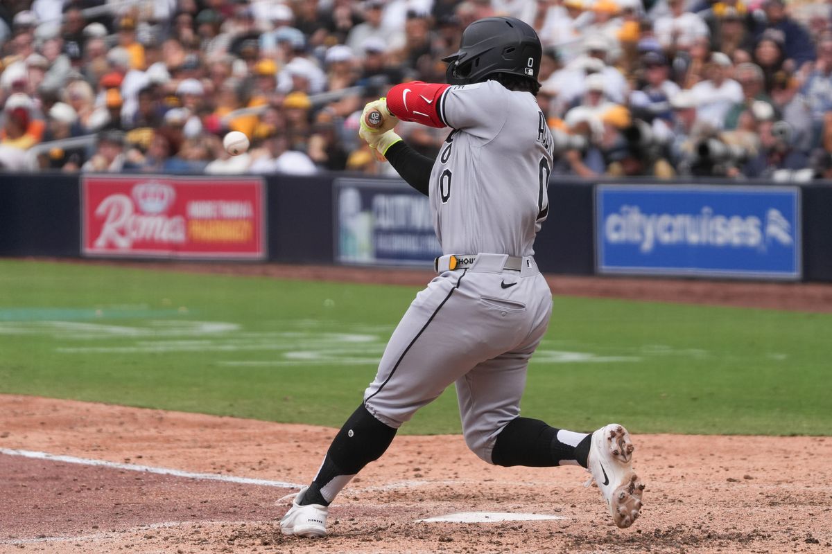 White Sox center fielder Luisangel Acuna (0) hits the ball during an MLB baseball game against the Padres, Sunday May 03, 2026 in San Diego, California. White Sox center fielder Luisangel Acuna (0) hits the ball during an MLB baseball game against the Padres, Sunday May 03, 2026 in San Diego, California.