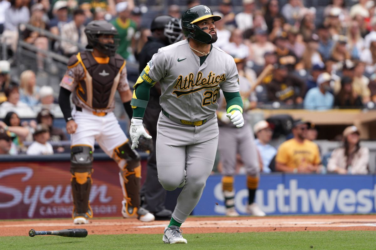 Athletics right fielder Carlos Cortes (26) watches the ball after hitting a home run during an MLB baseball game against the Padres, Sunday May 24, 2026 in San Diego, California. Athletics right fielder Carlos Cortes (26) watches the ball after hitting a home run during an MLB baseball game against the Padres, Sunday May 24, 2026 in San Diego, California.