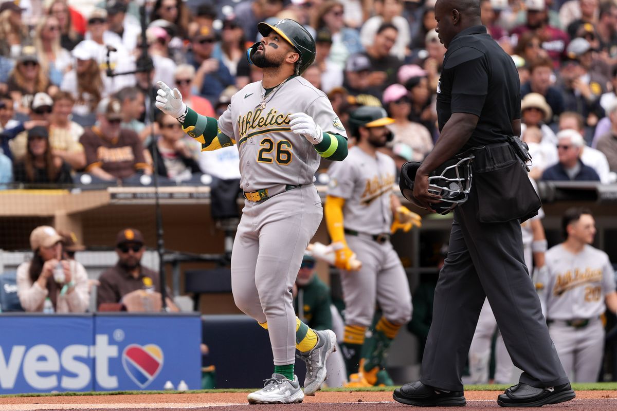 Athletics right fielder Carlos Cortes (26) celebrates after hitting a home run during an MLB baseball game against the Padres, Sunday May 24, 2026 in San Diego, California. Athletics right fielder Carlos Cortes (26) celebrates after hitting a home run during an MLB baseball game against the Padres, Sunday May 24, 2026 in San Diego, California.
