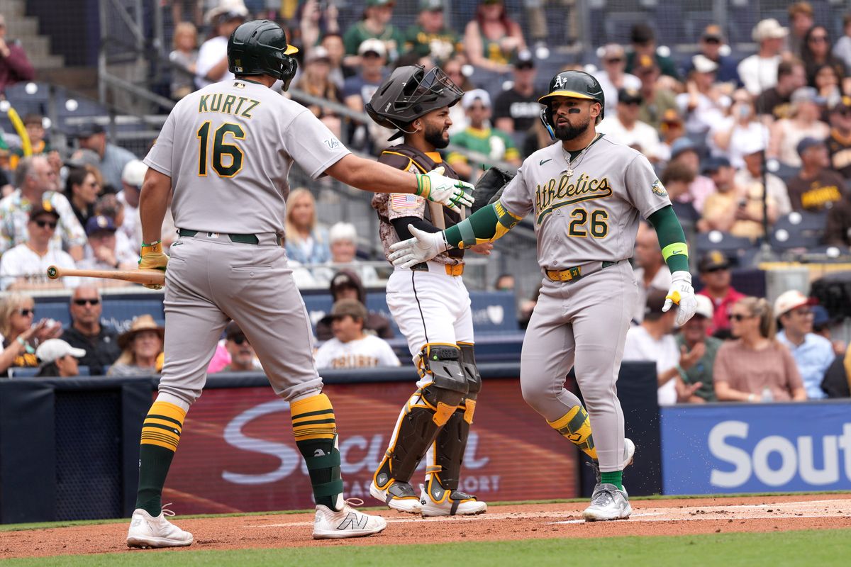 Athletics right fielder Carlos Cortes (26) celebrates after hitting a home run during an MLB baseball game against the Padres, Sunday May 24, 2026 in San Diego, California. Athletics right fielder Carlos Cortes (26) celebrates after hitting a home run during an MLB baseball game against the Padres, Sunday May 24, 2026 in San Diego, California.