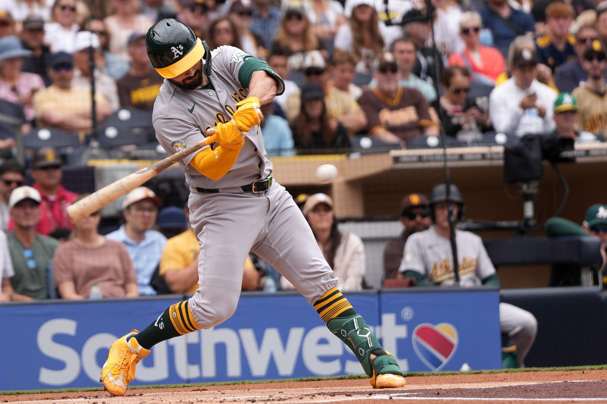 Athletics catcher Shea Langeliers (23) hits the ball during an MLB baseball game against the Padres, Sunday May 24, 2026 in San Diego, California. Athletics catcher Shea Langeliers (23) hits the ball during an MLB baseball game against the Padres, Sunday May 24, 2026 in San Diego, California.