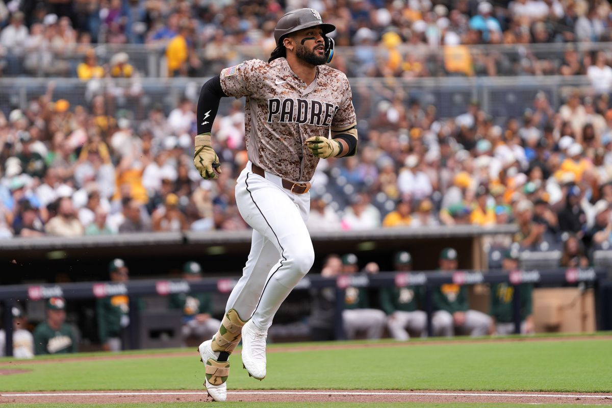 Padres right fielder Fernando Tatis Jr. (23) runs to first base during an MLB baseball game against the Athletics, Sunday May 24, 2026 in San Diego, California. Padres right fielder Fernando Tatis Jr. (23) runs to first base during an MLB baseball game against the Athletics, Sunday May 24, 2026 in San Diego, California.