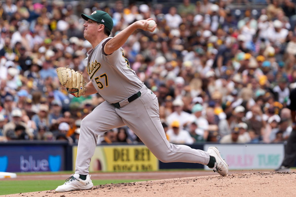 Athletics starting pitcher Jacob Lopez (57) pitches the ball during an MLB baseball game against the Padres, Sunday May 24, 2026 in San Diego, California. Athletics starting pitcher Jacob Lopez (57) pitches the ball during an MLB baseball game against the Padres, Sunday May 24, 2026 in San Diego, California.