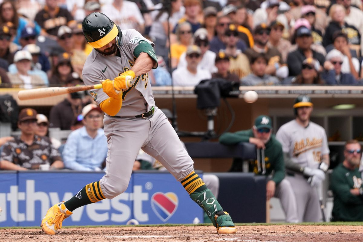 Athletics catcher Shea Langeliers (23) swings and misses the ball during an MLB baseball game against the Padres, Sunday May 24, 2026 in San Diego, California. Athletics catcher Shea Langeliers (23) swings and misses the ball during an MLB baseball game against the Padres, Sunday May 24, 2026 in San Diego, California.