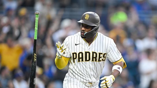 May 19, 2026; San Diego, California, USA; San Diego Padres designated hitter Miguel Andujar (41) tosses his bat after hitting a two-run home run during the third inning against the Los Angeles Dodgers at Petco Park. May 19, 2026; San Diego, California, USA; San Diego Padres designated hitter Miguel Andujar (41) tosses his bat after hitting a two-run home run during the third inning against the Los Angeles Dodgers at Petco Park.