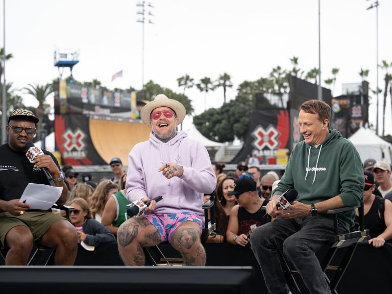 Selema Masekela, Jason Ellis and Tony Hawk at 2023 X Games California. Brett Wilhelm/X Games