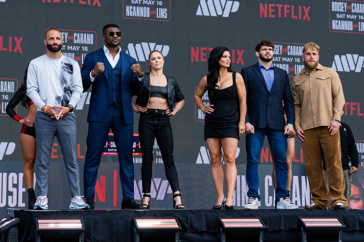Fighters pose for media during a pre-fight press conference for a Netflix fight, Tuesday March 10, 2026 in Inglewood, Calif. Fighters pose for media during a pre-fight press conference for a Netflix fight, Tuesday March 10, 2026 in Inglewood, Calif.