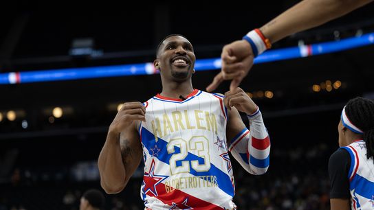 Harlem Globetrotters showman Thunder Law (23) gestures during a Harlem Globetrotters basketball game against The Washington Generals, Friday February 20, 2026 in Los Angeles. Harlem Globetrotters showman Thunder Law (23) gestures during a Harlem Globetrotters basketball game against The Washington Generals, Friday February 20, 2026 in Los Angeles.