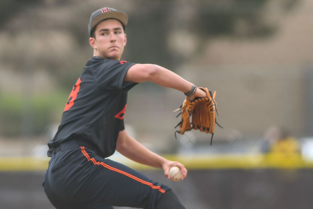 Huntington Beach Jared Grindlinger (28) delivers the pitch during an High School Baseball game against Temecula Valley Tuesday May 12, 2026 in Temecula, California. Huntington Beach Jared Grindlinger (28) delivers the pitch during an High School Baseball game against Temecula Valley Tuesday May 12, 2026 in Temecula, California.