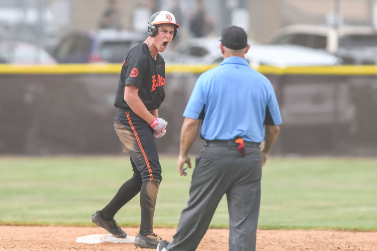 Huntington Beach Jared Grindlinger (28) reacts to hitting a double during an High School Baseball game against Temecula Valley Tuesday May 12, 2026 in Temecula, California. Huntington Beach Jared Grindlinger (28) reacts to hitting a double during an High School Baseball game against Temecula Valley Tuesday May 12, 2026 in Temecula, California.