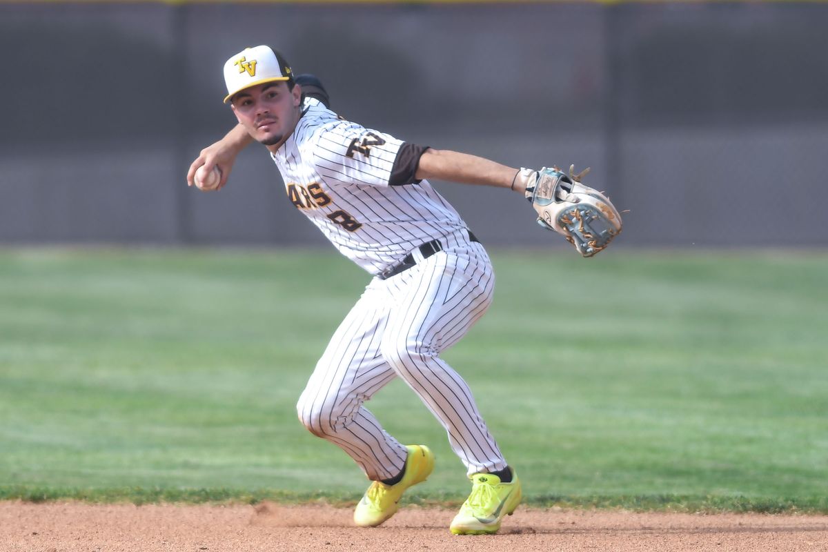 Temecula Valley Rocco Pugliese (8) makes the throw to first during an High School Baseball game against Huntington Beach Tuesday May 12, 2026 in Temecula, California. Temecula Valley Rocco Pugliese (8) makes the throw to first during an High School Baseball game against Huntington Beach Tuesday May 12, 2026 in Temecula, California.