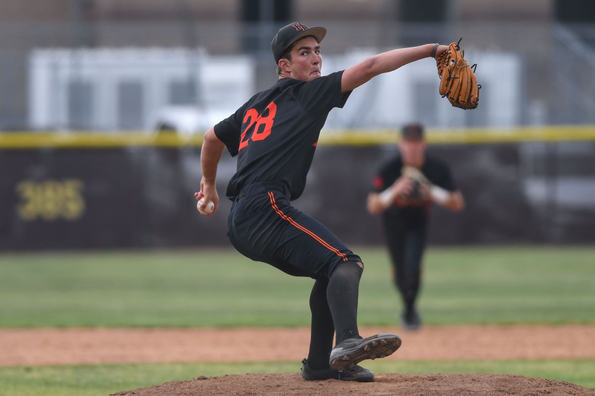 Huntington Beach Jared Grindlinger (28) delivers the pitch during an High School Baseball game against Temecula Valley Tuesday May 12, 2026 in Temecula, California. Huntington Beach Jared Grindlinger (28) delivers the pitch during an High School Baseball game against Temecula Valley Tuesday May 12, 2026 in Temecula, California.