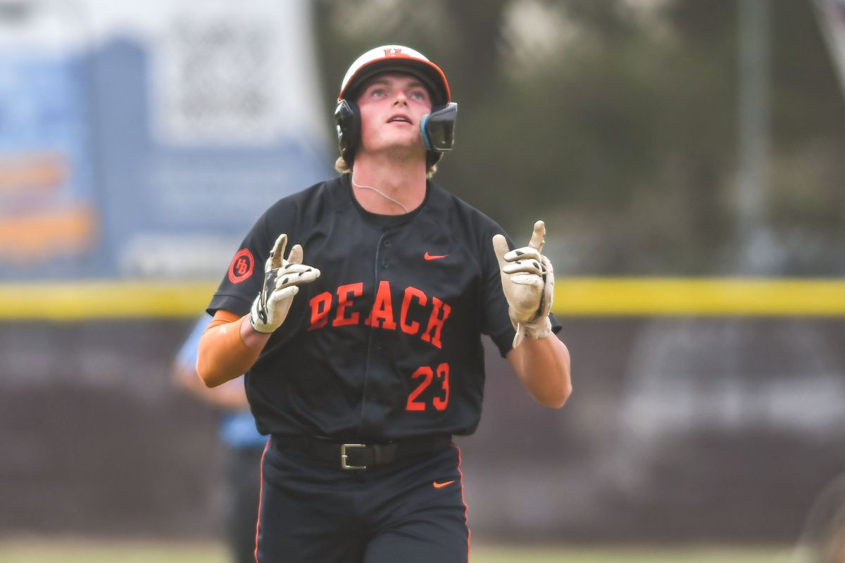 Huntington Beach Dane Cunningham (23) trots around the bases following hitting a homer during an High School Baseball game against Temecula Valley Tuesday May 12, 2026 in Temecula, California. Huntington Beach Dane Cunningham (23) trots around the bases following hitting a homer during an High School Baseball game against Temecula Valley Tuesday May 12, 2026 in Temecula, California.