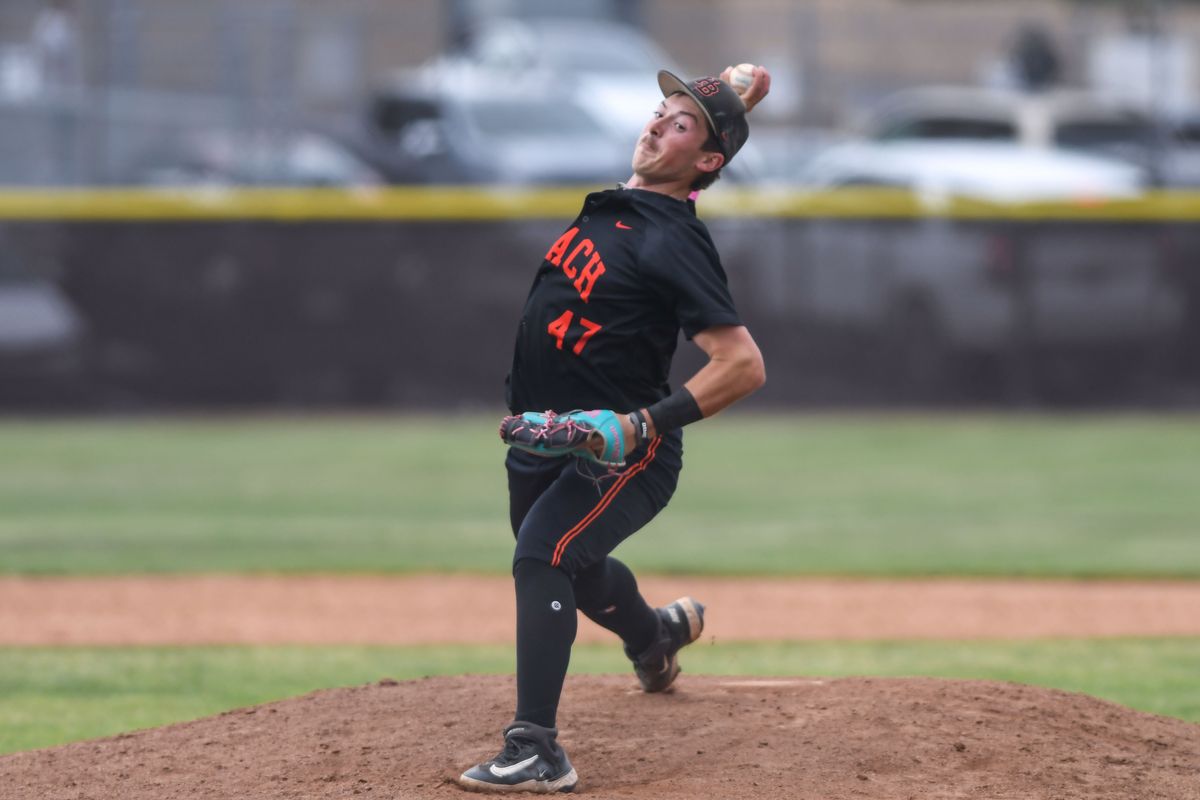 Huntington Beach Cayden Hammond (47) delivers the pitch during an High School Baseball game against Temecula Valley Tuesday May 12, 2026 in Temecula, California. Huntington Beach Cayden Hammond (47) delivers the pitch during an High School Baseball game against Temecula Valley Tuesday May 12, 2026 in Temecula, California.