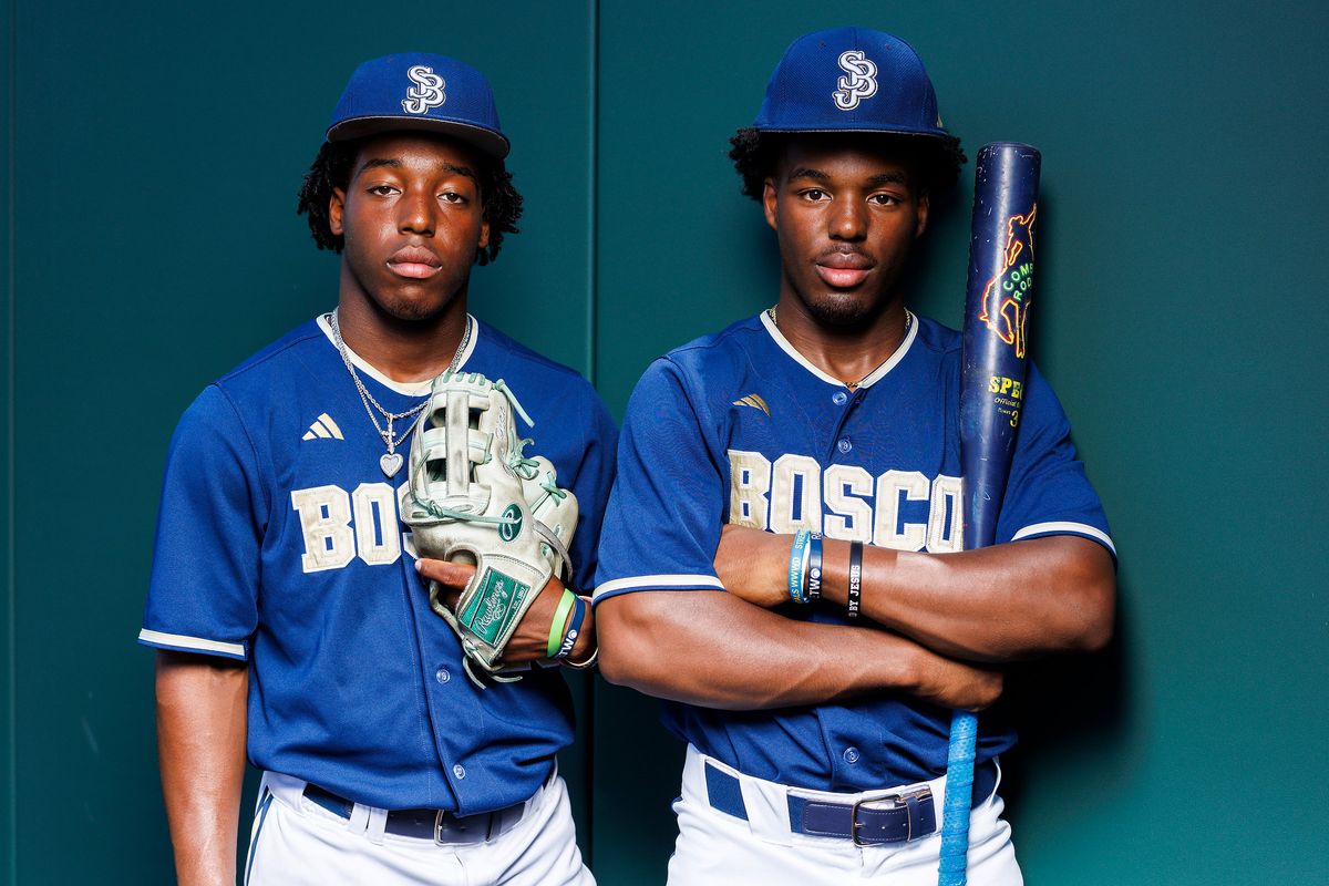 James Clark #22 and Miles Clark #28 of St. John Bosco High School poses for a portrait at St. John Bosco High School on May 21, 2026 in Bellflower, California. James Clark #22 and Miles Clark #28 of St. John Bosco High School poses for a portrait at St. John Bosco High School on May 21, 2026 in Bellflower, California.