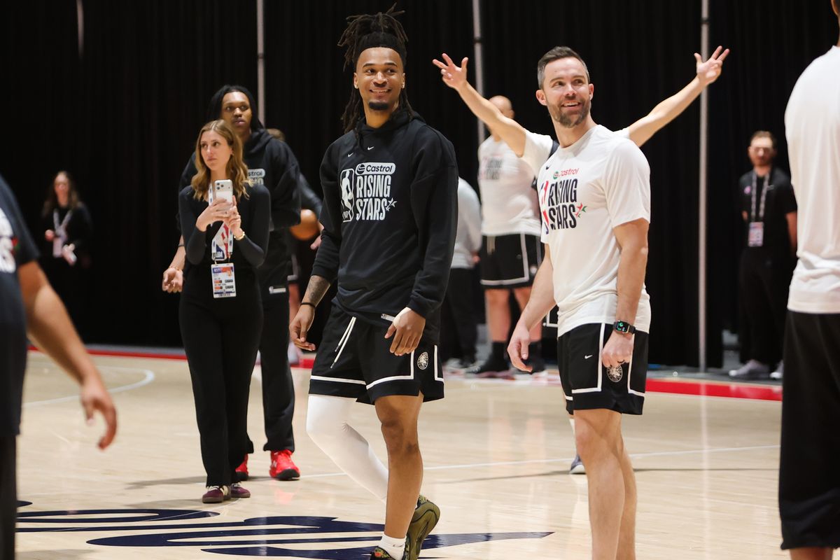 San Antonio Spurs guard Stephon Castle (5) participates in drills during NBA Rising Stars practice on February 13, 2026 in Inglewood, CA. San Antonio Spurs guard Stephon Castle (5) participates in drills during NBA Rising Stars practice on February 13, 2026 in Inglewood, CA.