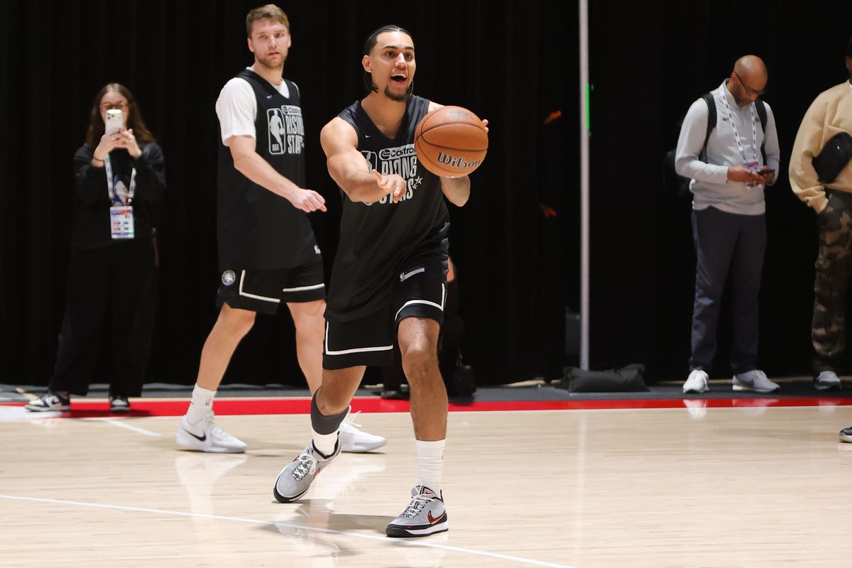 Atlanta Hawks forward Zaccharie Risacher (10) participates in drills during NBA Rising Stars practice on February 13, 2026 in Inglewood, CA. Atlanta Hawks forward Zaccharie Risacher (10) participates in drills during NBA Rising Stars practice on February 13, 2026 in Inglewood, CA.