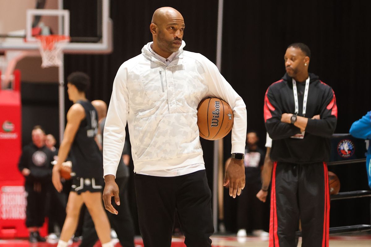NBA Hall of Famer Vince Carter watches his team participate in drills during NBA Rising Stars practice on February 13, 2026 in Inglewood, CA. NBA Hall of Famer Vince Carter watches his team participate in drills during NBA Rising Stars practice on February 13, 2026 in Inglewood, CA.